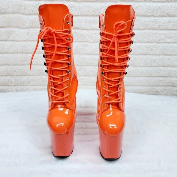 Flamingo Bright Orange Patent Towering 8" High Heel Platform Ankle Boots - Picture 6 of 11